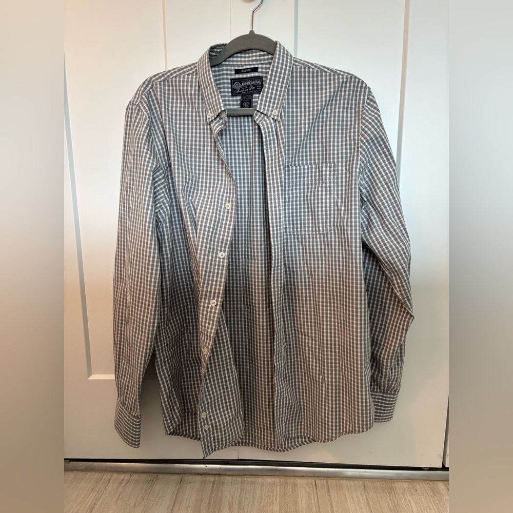 American Rag Men’s Button Down Medium Gray White Checkered Shirt